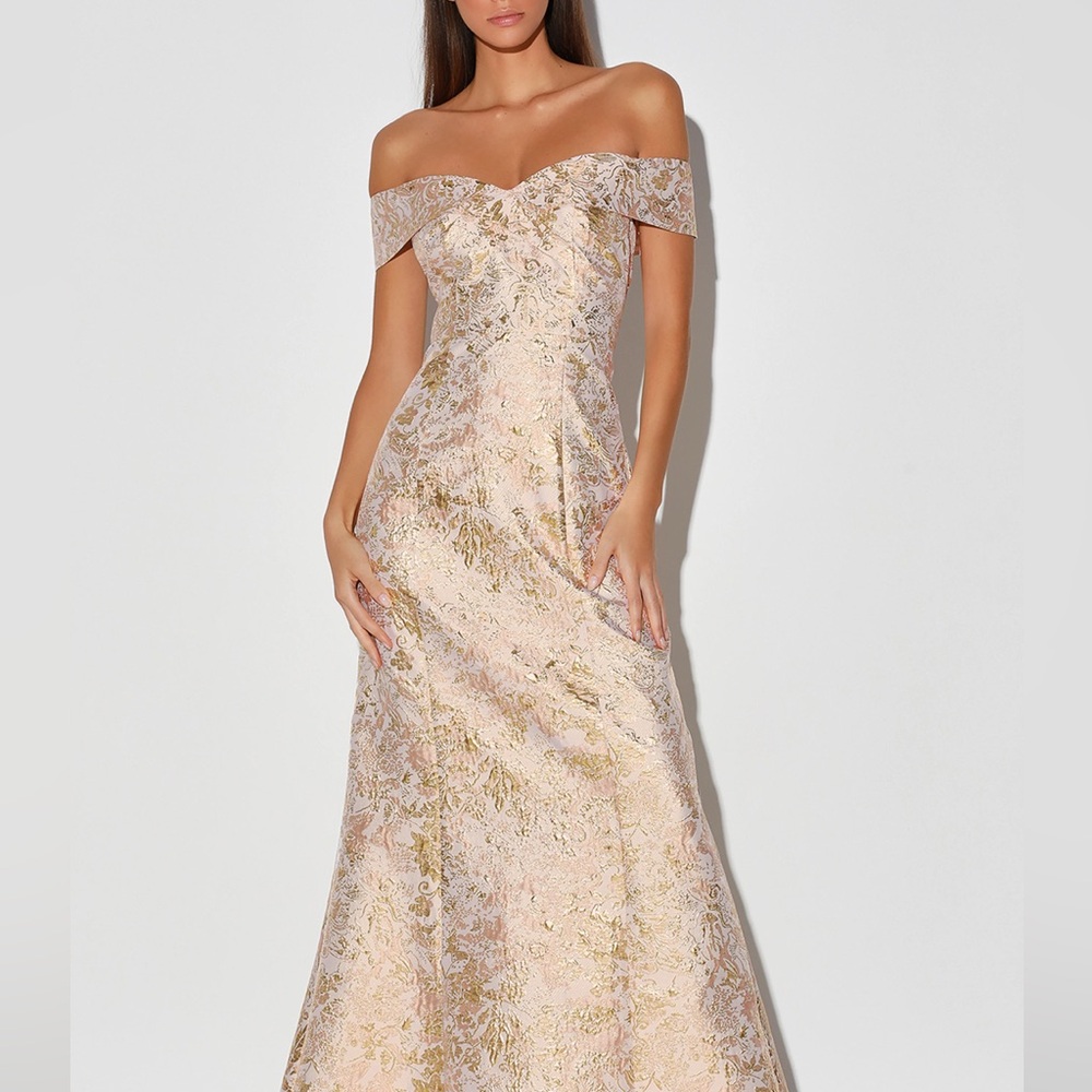 Embroidered Jacquard Off-the-Shoulder Formal Dress